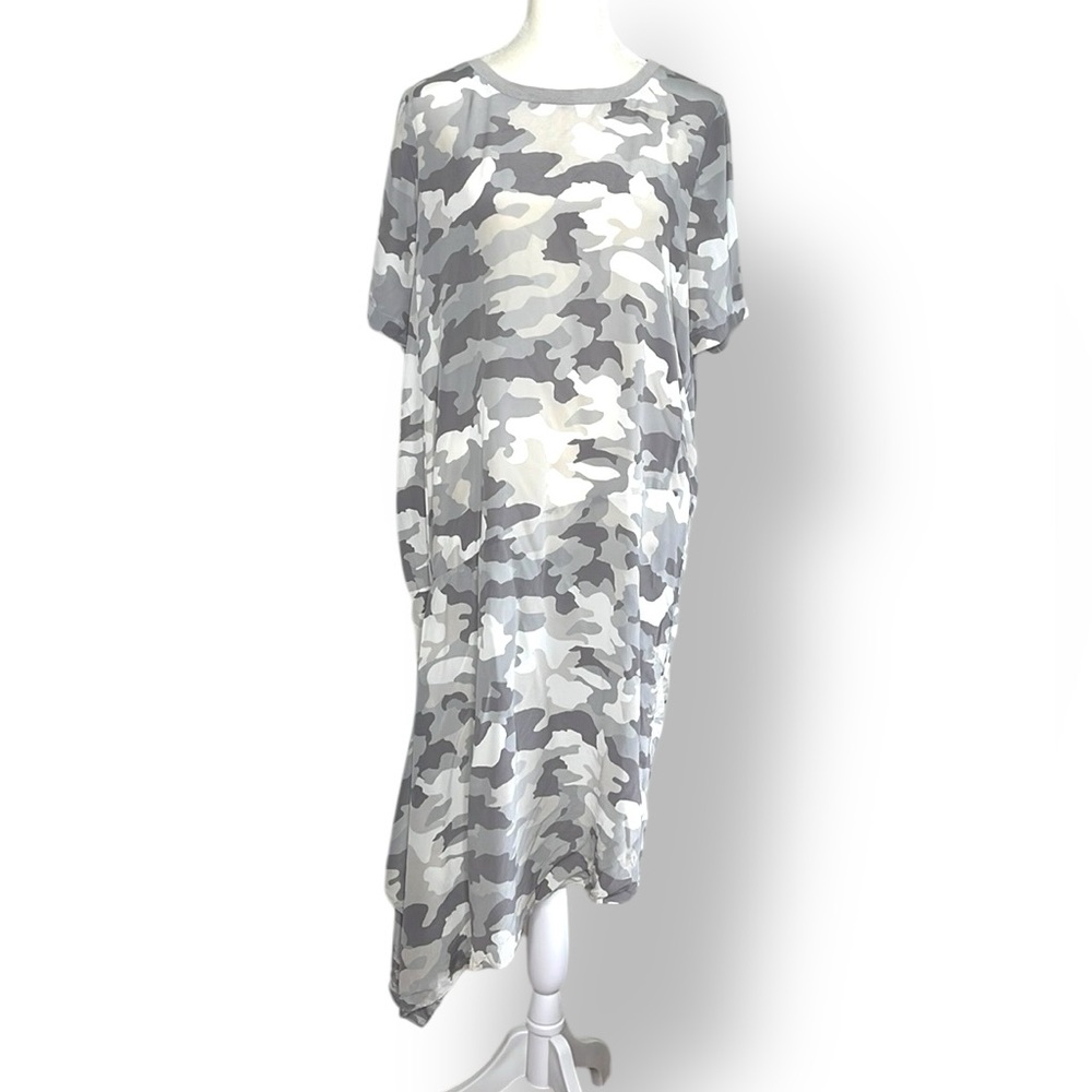 Pure DKNY Silk Camouflage Asymmetrical Tee Dress Y2K Oversized Gray Size S